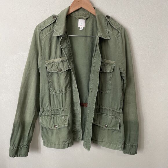 GAP Linen Utility Jacket Womens M Military Green Casual Drawstring Snap Coat - Picture 3 of 16